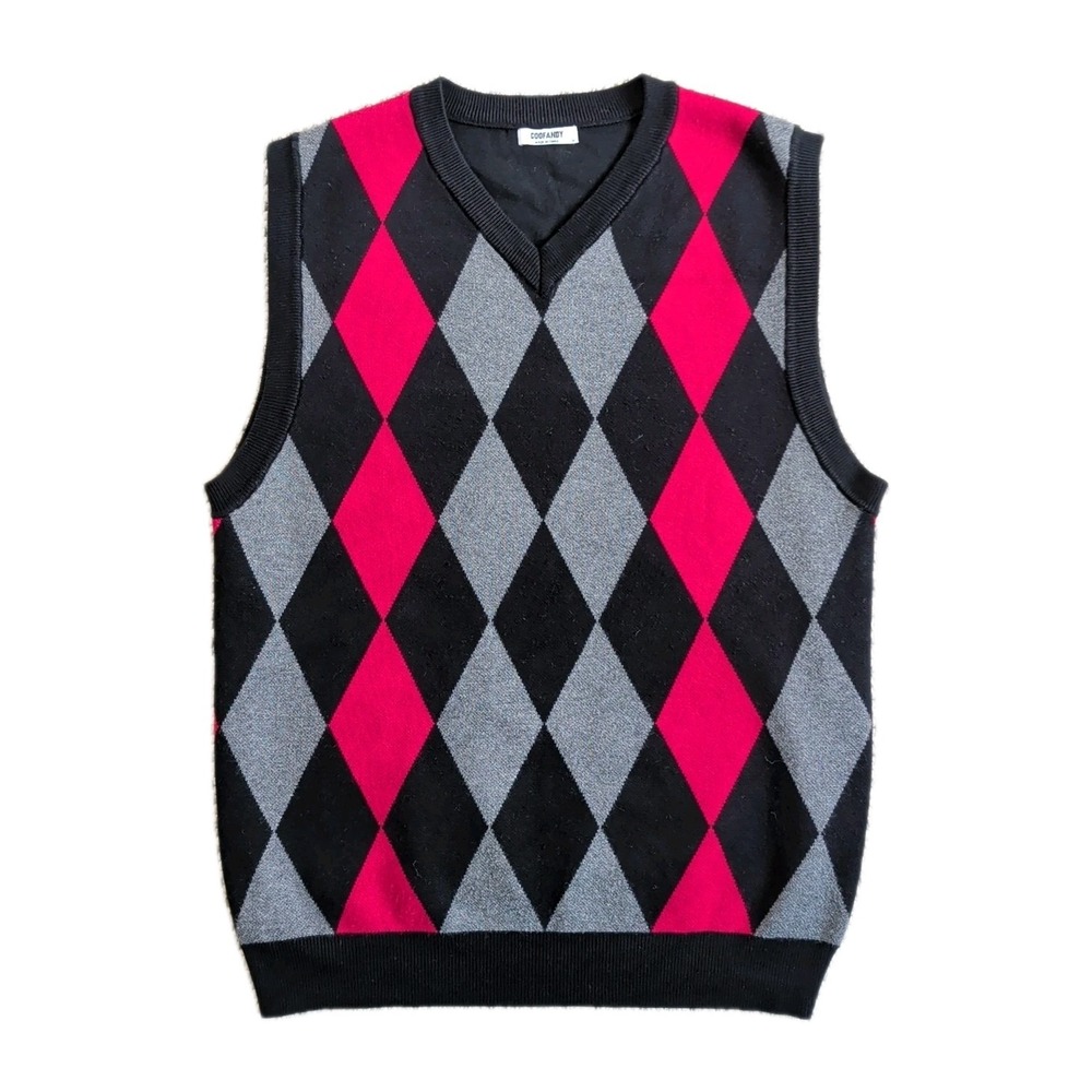 COOFANDY Argyle Sweater Vest Black Red  & Gray Diamond Sleeveless Medium EUC